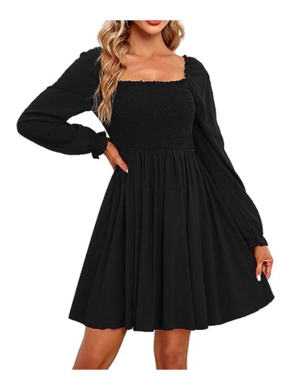 Square Neck Smocked Dress Puff Sleeve High Waist Flowy A-Line Short Dress